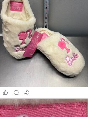 Barbie Cream Faux Fur Slippers with Pink Logo